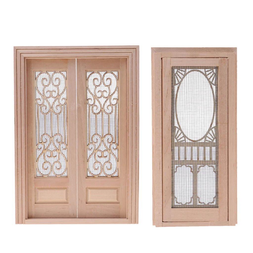 1/12 Dollhouse Miniature Wooden External Hollow Screen Double + Single Door Unpainted Rooms DIY Items