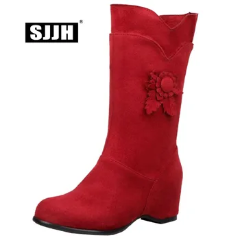 

SJJH Women Flock Mid-Calf Boots with Round Toe Mid Heels Flower Slip-on Chelsea Boot Autumn Fashion Formal Shoes Large Size A976