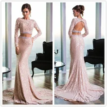 Rosa Spitze Zwei Stücke Abendkleider Meerjungfrau Kristall Sexy Langarm Abend & Prom Dresses Party Kleid Spezielle OccasionDresses