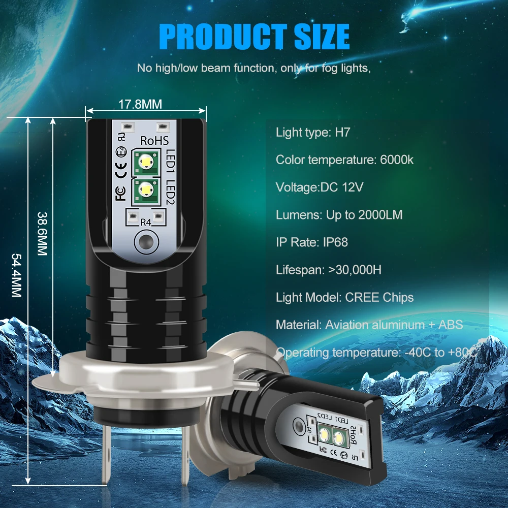 Автомобильный Ровер 2 шт. Автомобильный светодиодный фонарь H7 2000lm светодиодный фонарь 6000 K холодный белый Светодиодный H7 противотуманные фары с чипом Cree 30000 часов длительного времени службы