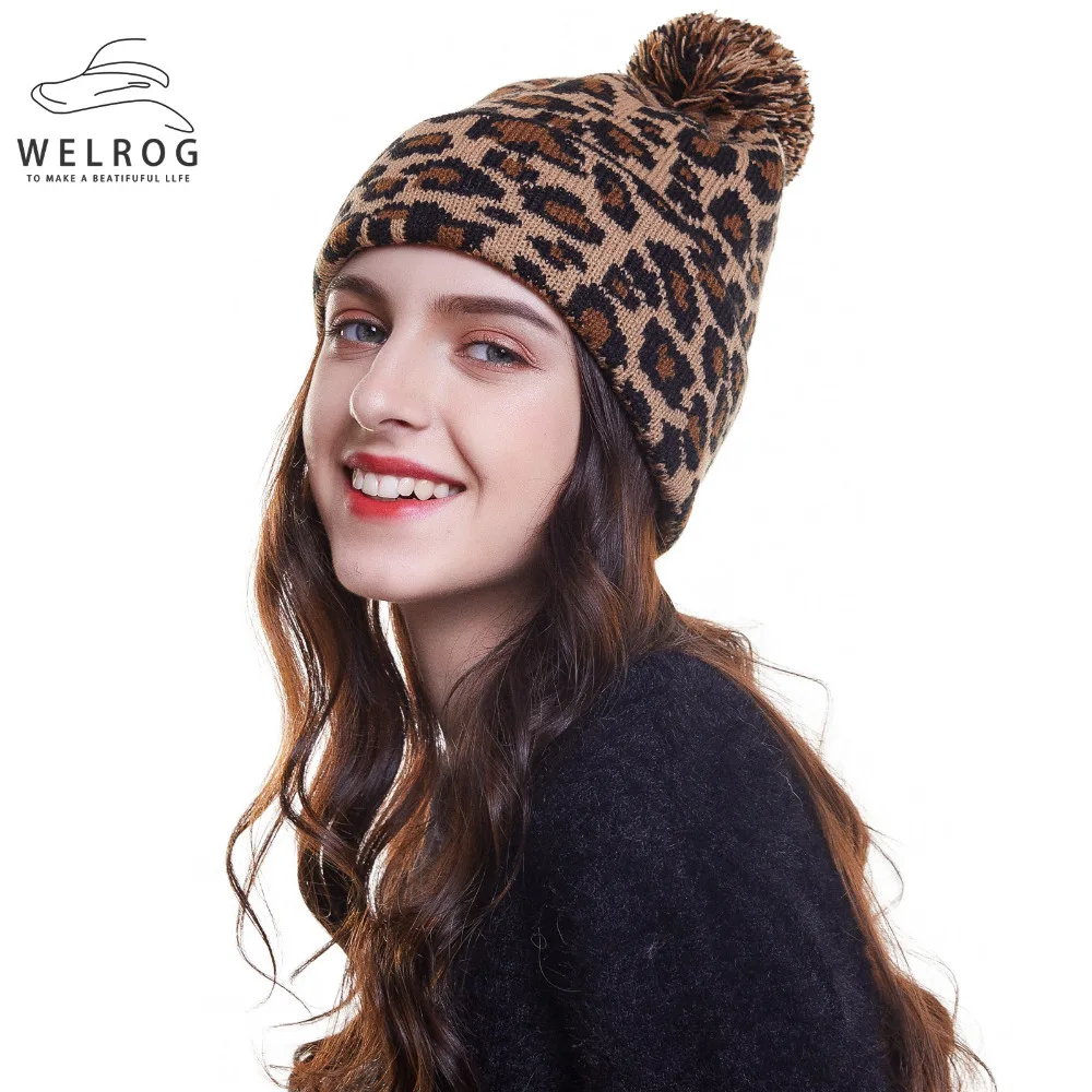 

WELROG Dropshipping Leopard Printed Ball Hats For Women Winter Warm Knitted Caps Pompoms Fur Hat Fashion Ladies Beanies