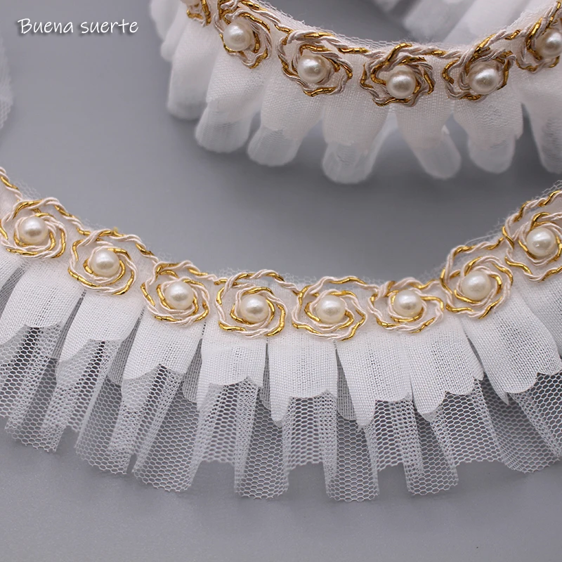 

2 Yards Gold Thread White Pearl Beaded Swiss Voile Lace Trim Ribbon Applique DIY Sewing Craft Wedding Dress Fabric Edge Chiffon