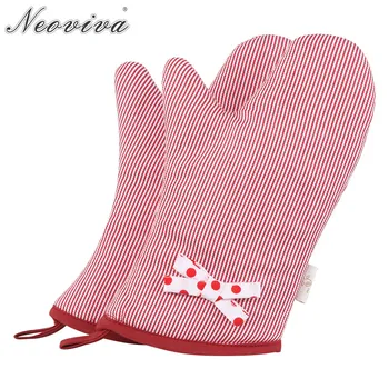 

Neoviva Lovely Oven Mitts for Adult Women with Bow Knot for Flirty Kitchen Emma Raspberry Wine Red and White Striped Gloves Oven
