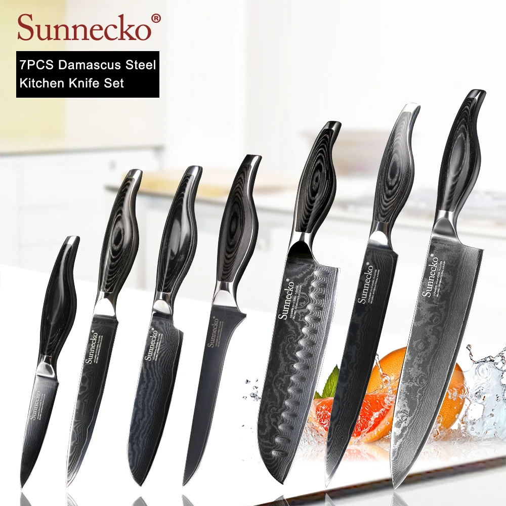 

SUNNECKO 7pcs Kitchen Knives Set Chef Slicing Utility Paring Santoku Knife Damascus Japanese VG10 Steel Cutter Pakka Wood Handle