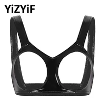 Women bikini top swimsuit Open Cups Bra Top V neck Sexy Lingerie Wetlook Faux Leather Sleeveless Exposing Breast Bikini Tops