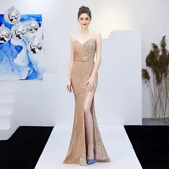 

Gold Mermaid Evening Dresses 2020 Elegant V-neck Sleeveless Sexy Formal Party Long Prom Dresses for Woman LF465