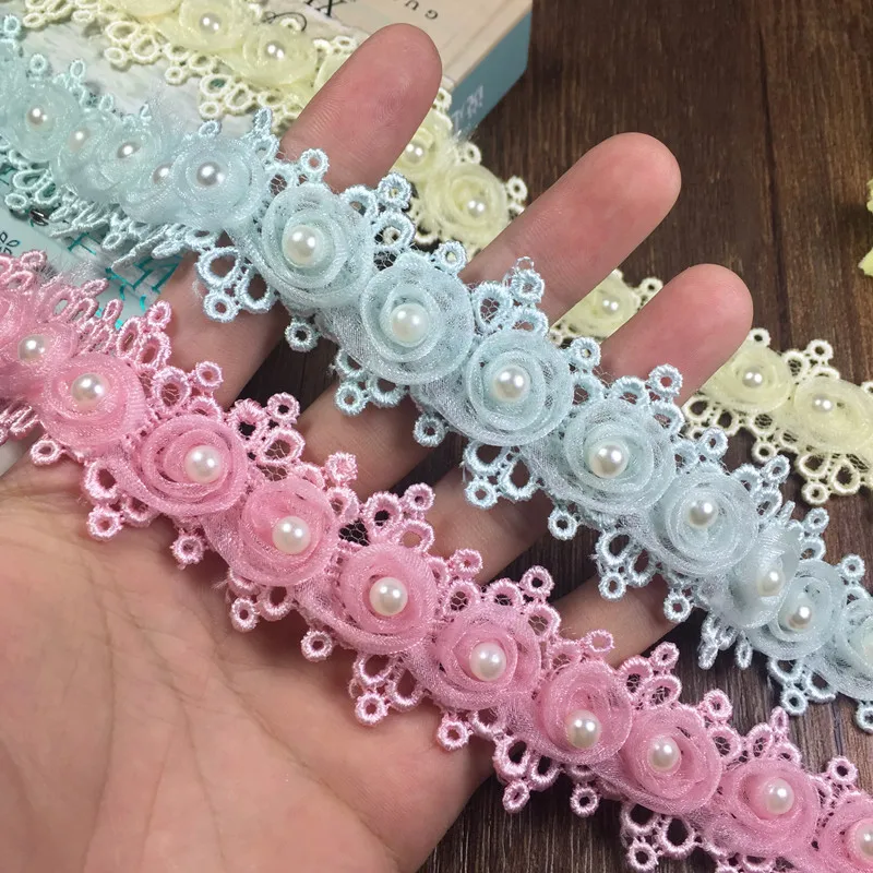 

FFLACELL 1 yard Pearl Flower Soluble Organza Lace Trim Knitting Wedding Embroidered DIY Handmade Patchwork Ribbon Sewing Supplie