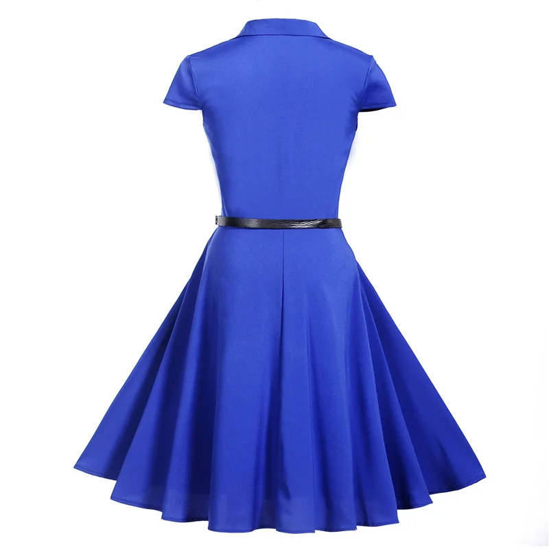 Kostlich Turn-down Collar Solid Color Dresses Hepburn Vintage Short Sleeve Dress Women Big Swing Dress S-2XL With Sashes (36)