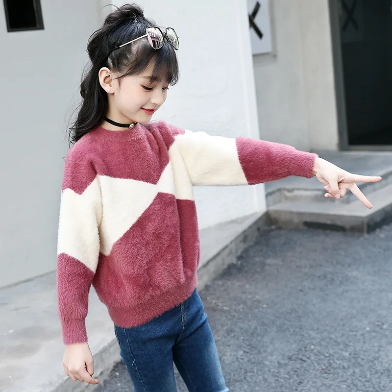 Свитера для девочек Повседневный свитер для девочек в стиле пэчворк на осень и зиму пуловер с круглым вырезом свитер для девочек Одежда для девочек 6, 8, 10, 12, 14 лет - Цвет: Фиолетовый