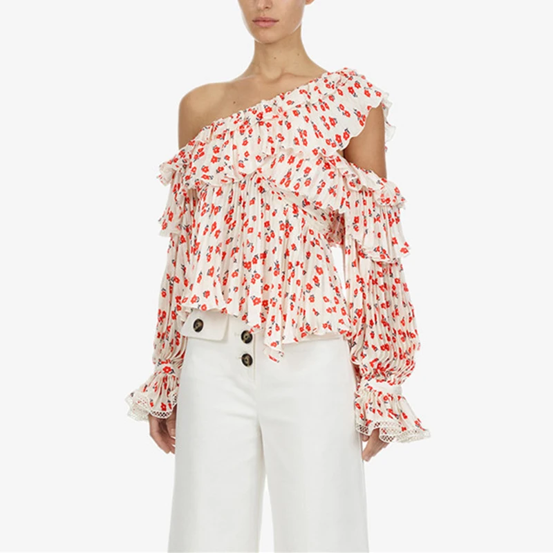 

New Spring Self Portrait Designer Tops 2019 Sexy Elegant Red Floral Printed Off Shoulder Ruffle Chiffon Blouses Womens