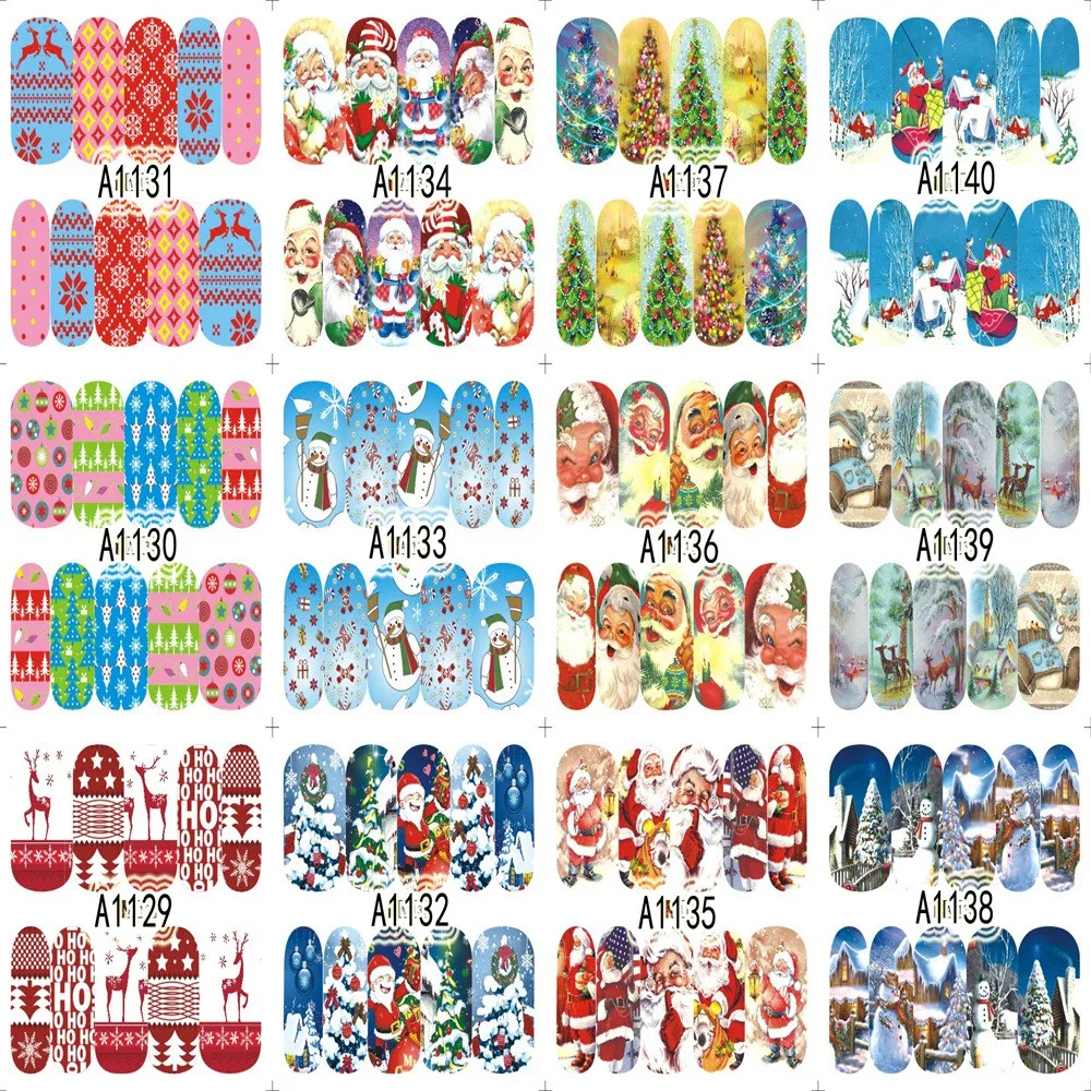 12 рождественских узоров водяные наклейки для ногтей художественные переводные наклейки большой лист маникюрные украшения милые наклейки - Цвет: A