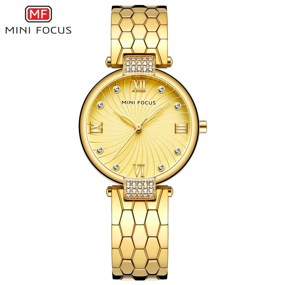 Часы MINIFOCUS с текстурой змеиной кожи из нержавеющей стали, модные дизайнерские брендовые роскошные женские часы, кварцевые Золотые женские часы - Цвет: Gold