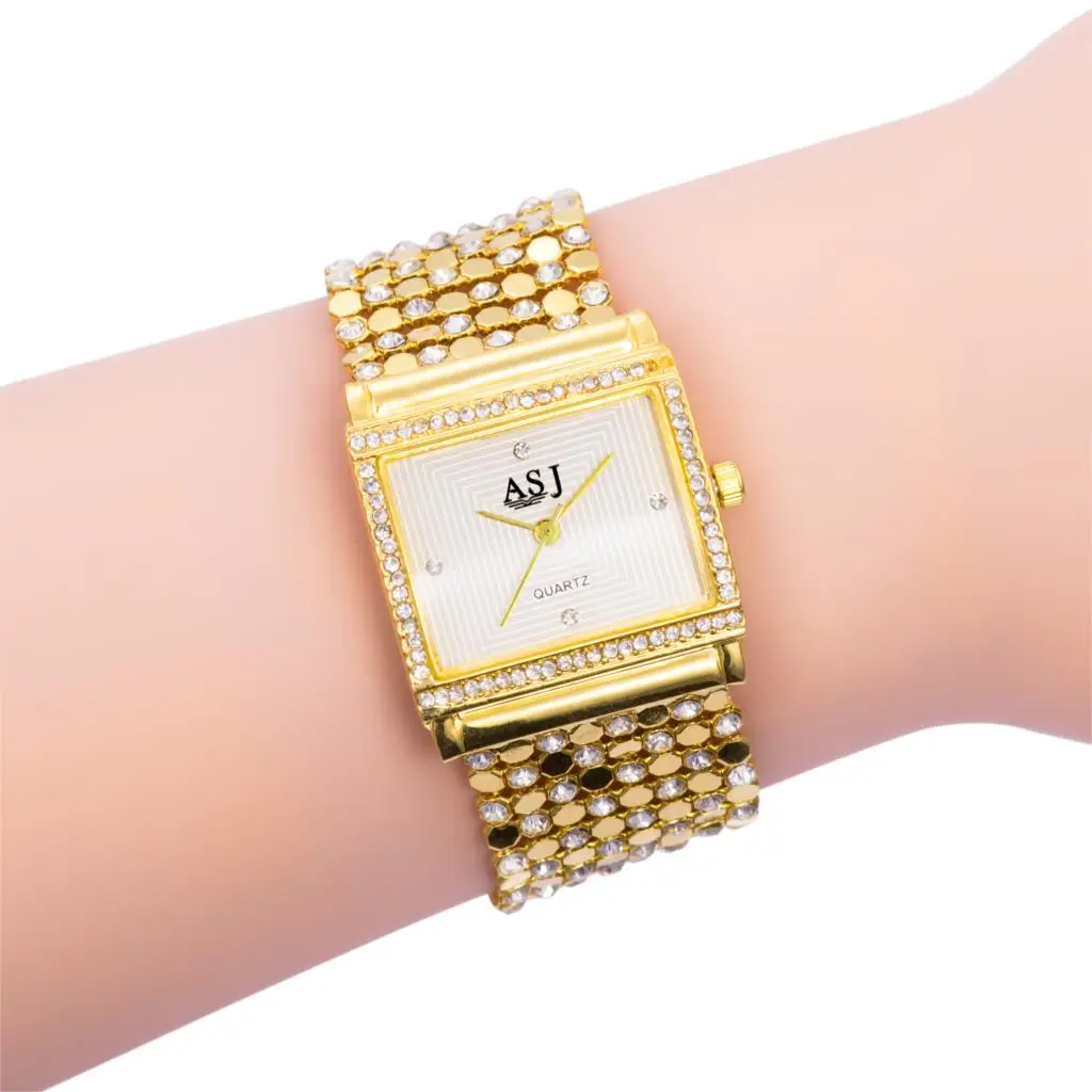 Для женщин тонкая квадратная коробка со стразами Цвет серебристый, Золотой Сталь Роскошные Кварцевые часы-браслет, японского часового механизма Для женщин часы с драгоценными камнями, часы-браслет
