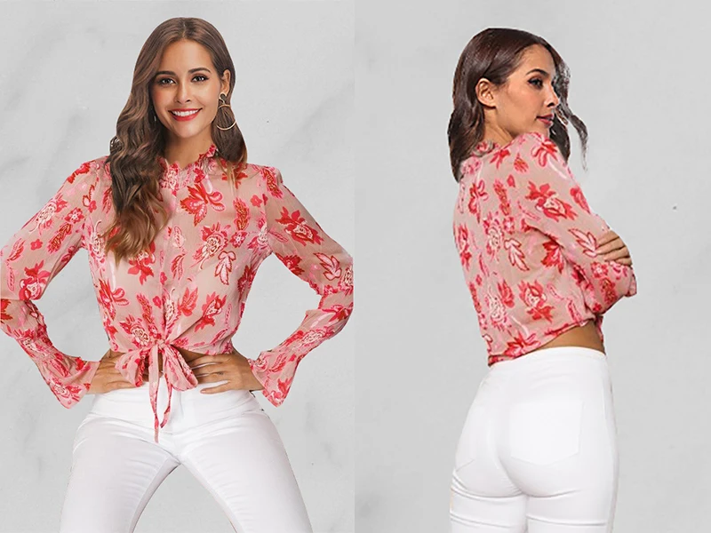 ShejoinSheenjoy Boho Floral Print Chiffon Blouse Flare Sleeve Autumn Stand Women Tops Pink Waist Bow Tie Ladies Casual Shirt (11)