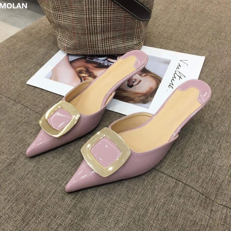 

MOLAN Brand Designers 2019 Spring Elegant Suqare Gold Buckle Woman Pointed Shoes Slip On Loafers Lady Pumps Leather Slides Mules