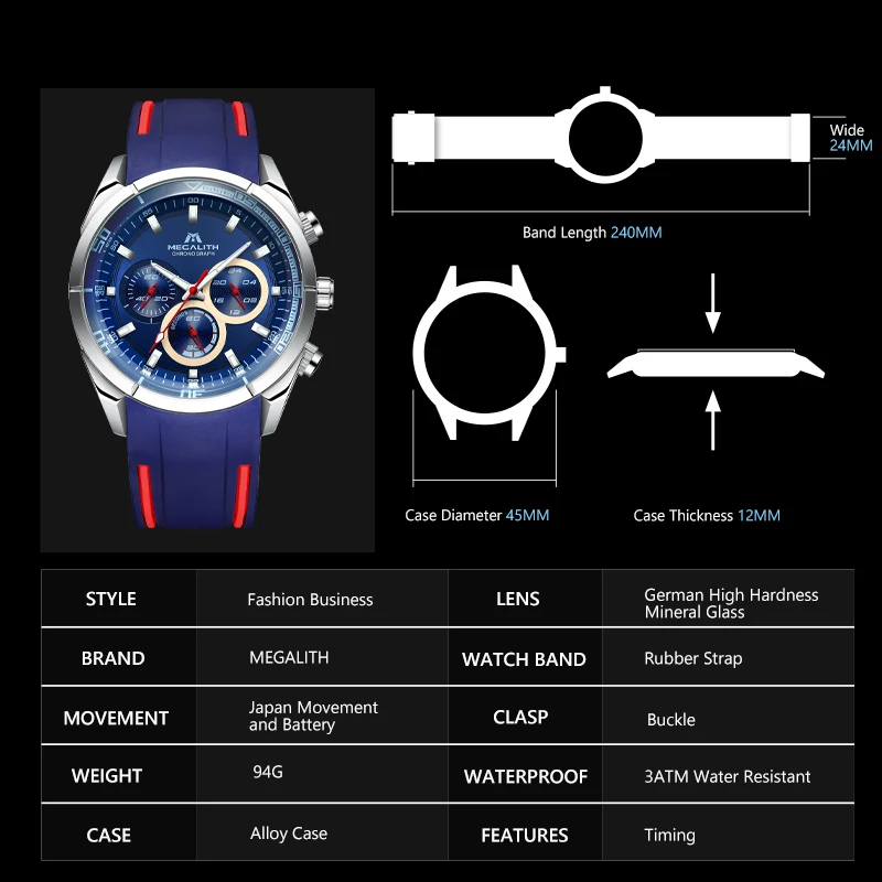 2019 MEGALITH Brand Watch Men's Chronograph Analog Quartz Watch Sports Waterproof Silicone Rubber Strap Wristwatch For Man Clock