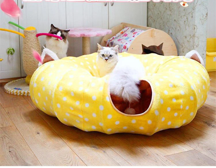 Round Funny Pet Tunnel Cat Play Tunnel With mat Pink Foldable 2 Holes