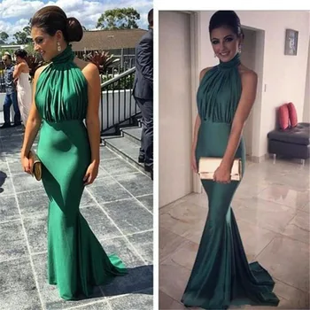 

High Neck Emerald Green Mermaid Prom Gowns 2019 Sexy Off Shoulders Ruched Sweep Train Cheap Long Evening Gowns Elegant Vestido