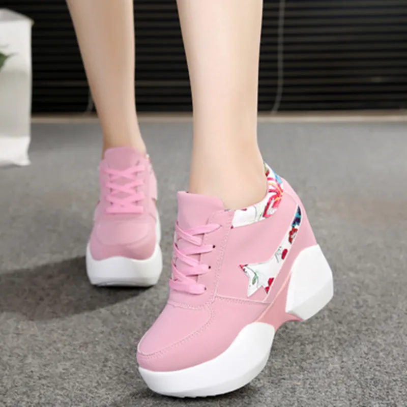 

2018 Autumn Wedges Shoes Woman Platform Sneakers Lace Up Hidden Heel Height Increasing Casual Shoes For Women