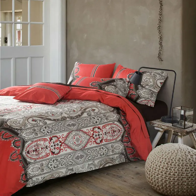 mandala style print red white linens duvet cover set Egyptian cotton Queen/Full/Double/King Size bedding sets