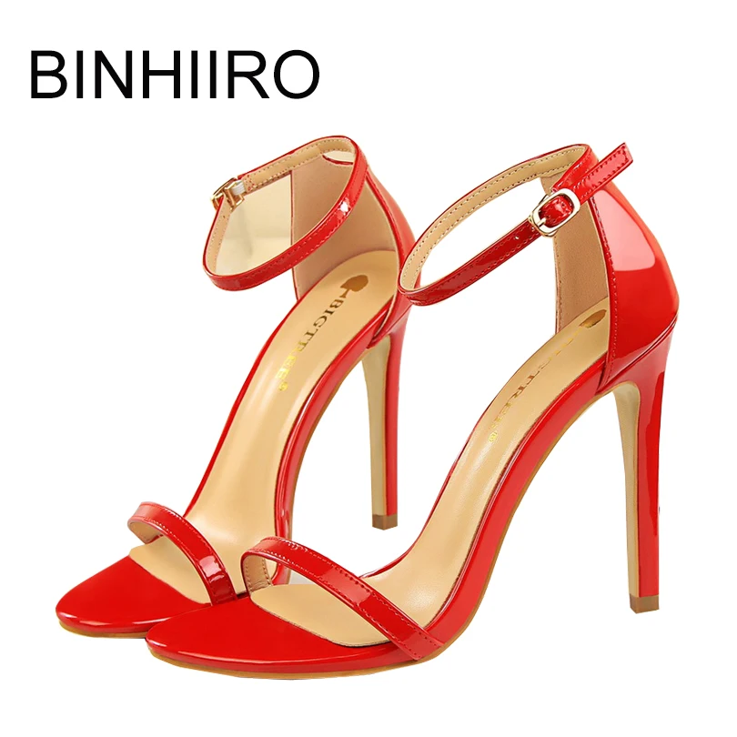 

BINHIIRO Summer Woman Sandals Patent Leather Buckle Strap Solid Thin High Heels Sandals Peep Toe Sexy Party Femme Sandals 2019