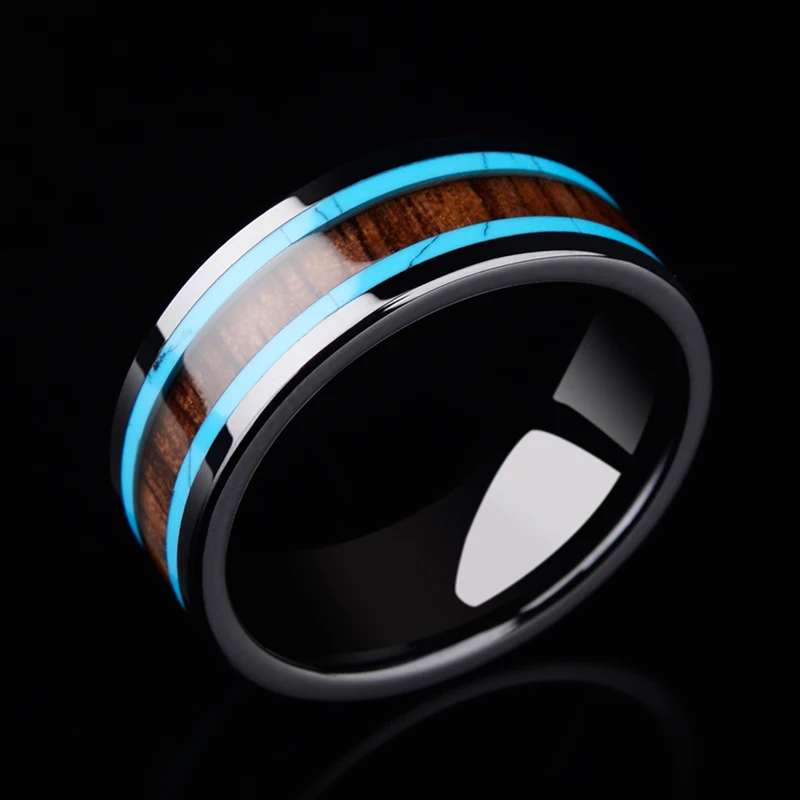 Men Ring, Ceramic Band 8mm Width Inlay Wood and Turquosie Surface for Anniversary, Free Shipping, Customized