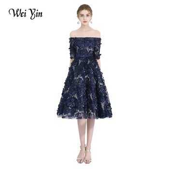 

WeiYin Robe De Soiree New Elegant Banquet Lace Flower Eveing Dresses Boat Neck Navy Blue Appliques Short Formal Party Gown