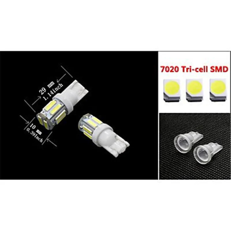 100 шт автомобилей Светодиодный T10 10 SMD 7020 светодиодный 194 168 501 10 светодиодный 7014 приборные лампы Авто индикатор двери огни супер яркий белый DC 12 V