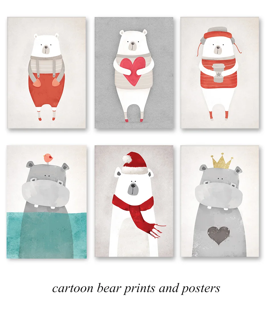 Cartoon Kawaii Animal Bear Hippo A4 Poster and Prints Minimalist Wall Art Pictures Canvas Painting nursery child Kids Room Decor (1)