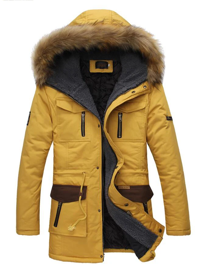Новинка, Модное теплое длинное пальто, мужские зимние куртки и пальто, толстая зимняя куртка с меховым воротником, Мужская трендовая парка с капюшоном - Цвет: Цвет: желтый