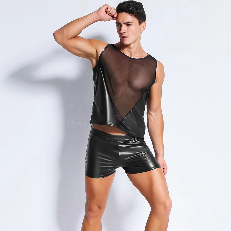 Men's Patent Leather New Solid Shorts Men Cotton Men's Sexy Black Painted Short Tight Pants for Nightclub Costume Party Clothes