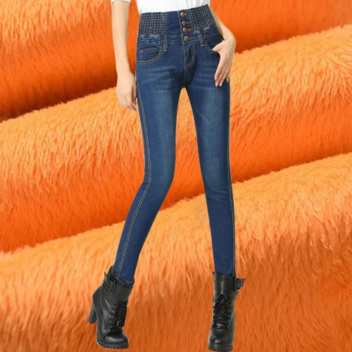 Теплые женские зимние джинсы с высокой талией, винтажные черные зимние джинсы для женщин, большие размеры, плотные джинсовые штаны для женщин, джинсы для женщин - Цвет: Warm Blue