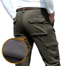 Зимние плюс бархатные брюки карго мужские прямые свободные мульти-карманные повседневные мужские плотные флисовые теплые военные брюки армейский зеленый