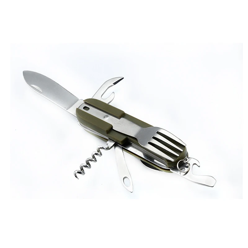 7 En 1 vajilla tenedor cuchara cuchillo vino sacacorchos abrelatas de botella cubiertos de herramientas de cocina