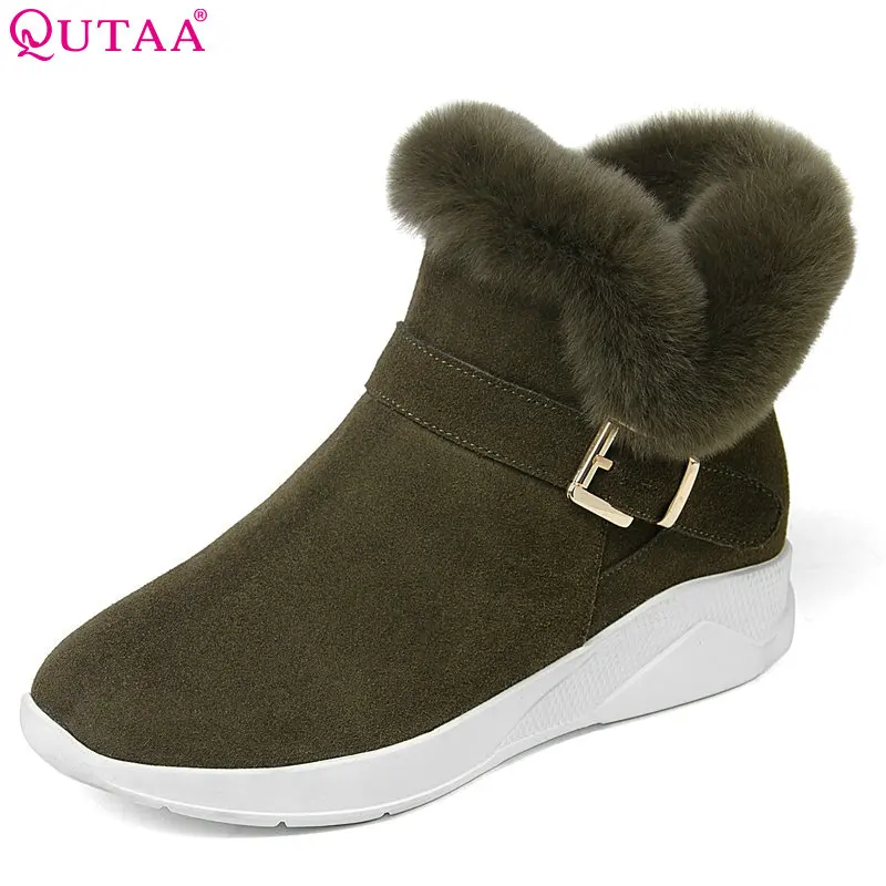 

QUTAA 2018 Women Ankle Boots Wedges Heel All Match Cow Suede Round Toe Buckle Winter Solid Women Snow Boots Size 34-39