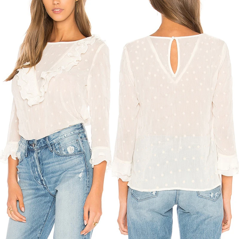 Women Butterfly Sleeve Ruffles White Blouse Fashion Polka Dot Tops And Blouses Sexy Perspective Clothes Casual Shirt