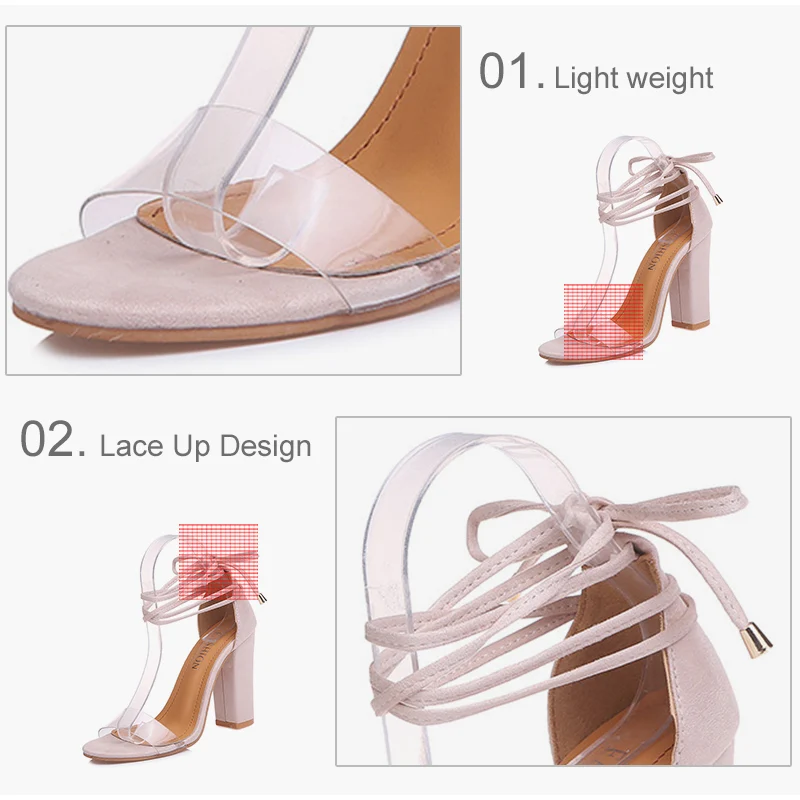 Summer Women High Heels Shoes T-stage Transparent Sandals Sexy Square Heel Pump Female Cover Heel Party Wedding Ladies Plus Size