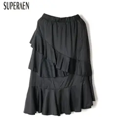 SuperAen Лето 2019 г. новый сплошной цвет для женщин юбки для эластичный пояс хлопок дамы однотонные юбки модные