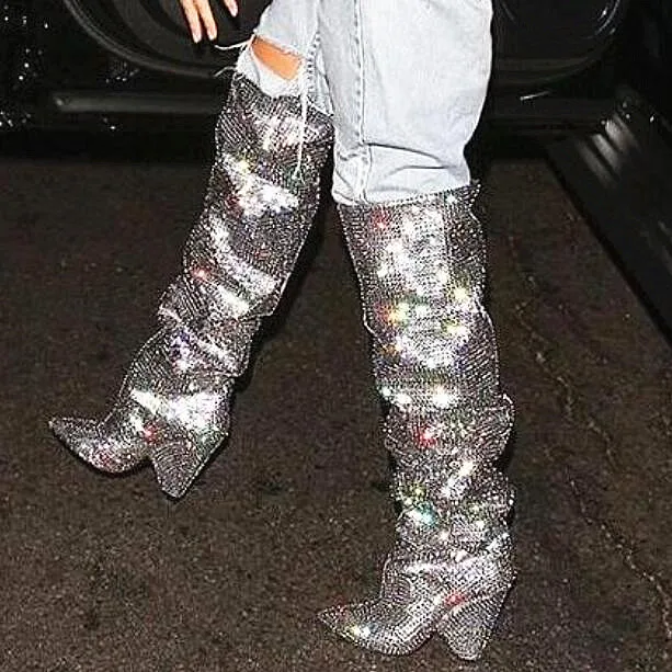 Lujo as Pic Altas Tacones en Cristal 2019 As De Glliter La Botas Zapatos Mujer Fiesta Slip Picos Rodilla Pic Largo Rhinestone Altos Bling g5F1FRnq