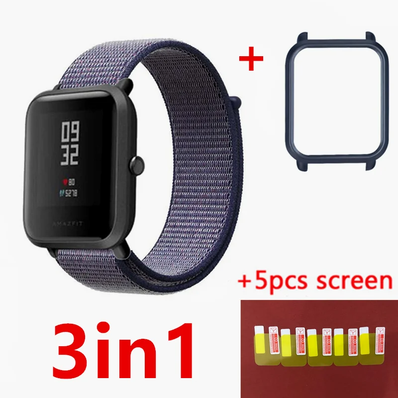 3in1 20 мм нейлон velcro ремешок + чехол 5 шт. экран плёнки для xiaomi huami Amazfit Bip бит Quick release водостойкий ремешок