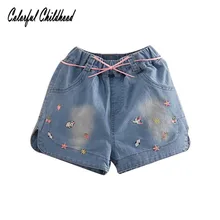 Винтажные джинсовые шорты с вышивкой для девочек, повседневные короткие штаны летние детские брюки с поясом, одежда для маленьких девочек от 2 до 8 лет