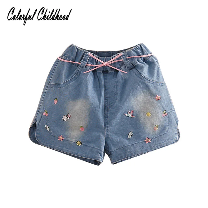 

Vintage embroidery denim shorts for girls casual short pants summer kids trousers with belt toddler girls clothing 2-8Yrs
