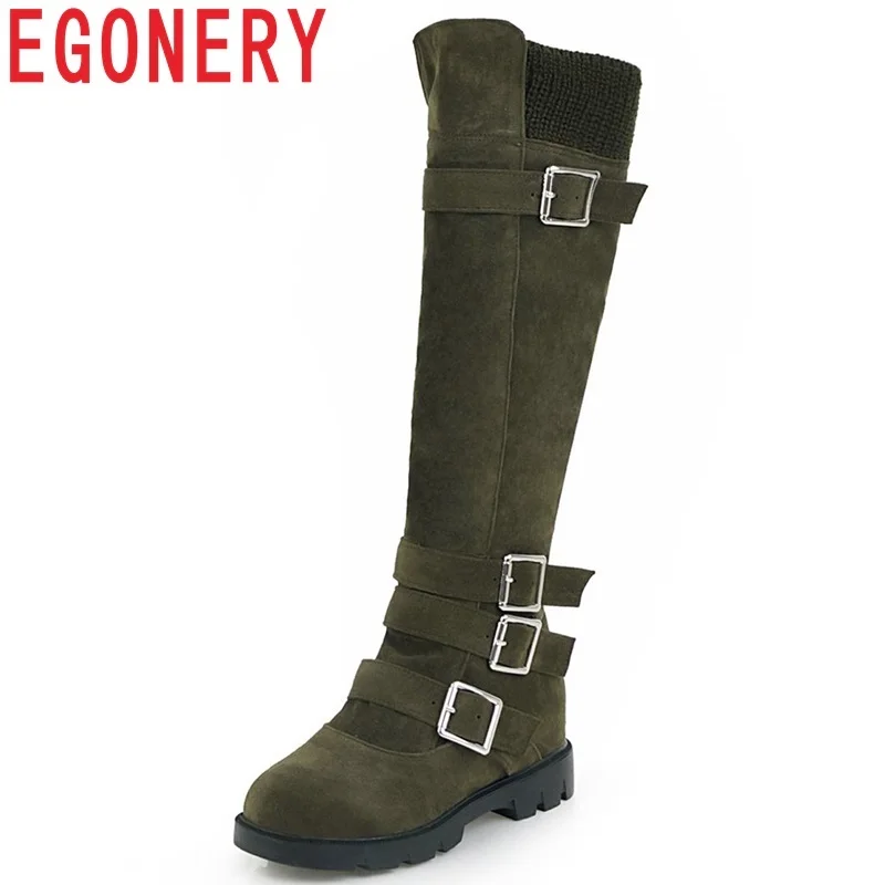 

EGONERY winter newest outside comfortable warm casual flock knee high boots low square heel round toe buckle zip women shoes