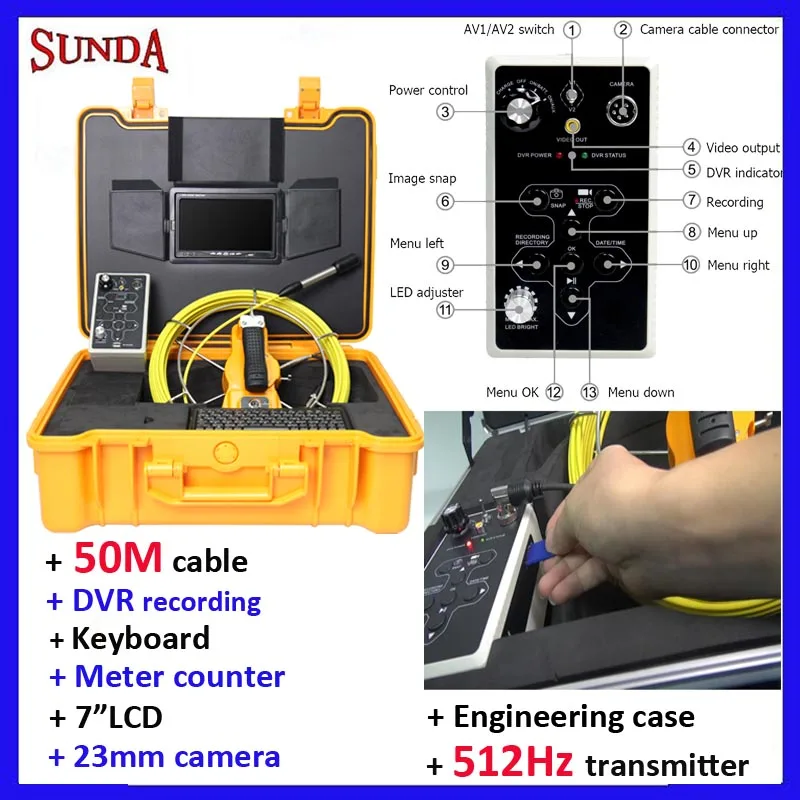 

Whole Set Snake industrial endoscope camera FREE SHIPPING,DVR,512hz transmitter,keyboard typing and meter counter 50M cable