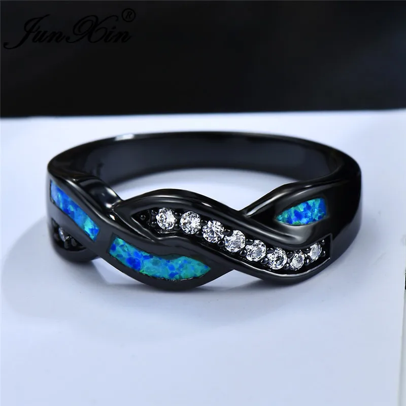 JUNXIN Male Female Blue/White Fire Opal Rings For Women Men 925 Silver Black Gold Filled Wave Cross Ring Zircon Wedding Jewelry