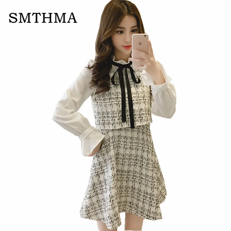 

SMTHMA 2019 Winter Women Chic Elegant Women Runway Dress Bow Tie Stand Collar Tweed Dress Long Sleeve Patchwork Plaid Dress