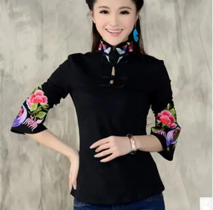 Одежда с принтом, футболки в китайском стиле, женские весенние и осенние этнические рубашки со стоячим воротником и вышивкой, женские топы K538