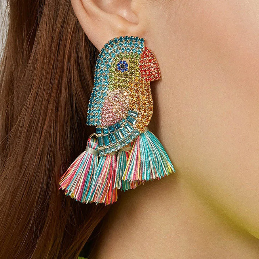 

new design good quality fashion women statement full crystal parrot bird drop earrings for women wholesale