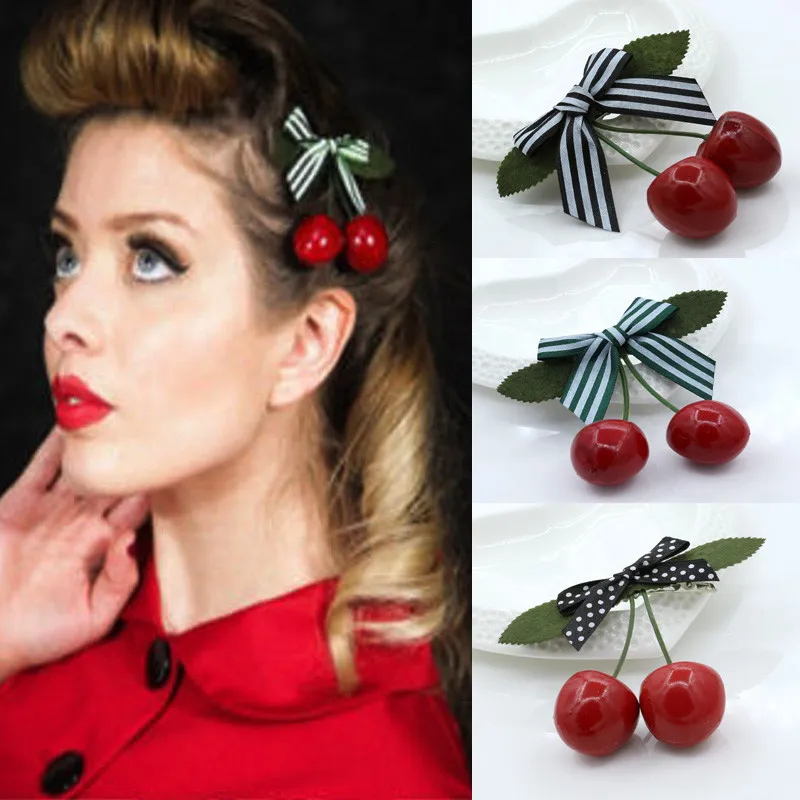 

Fashion Women Cherry Bow Hair Clip Hairpins For Pinup Girls Vintage Party Vaction Hair Accessories green pink girl hair clips