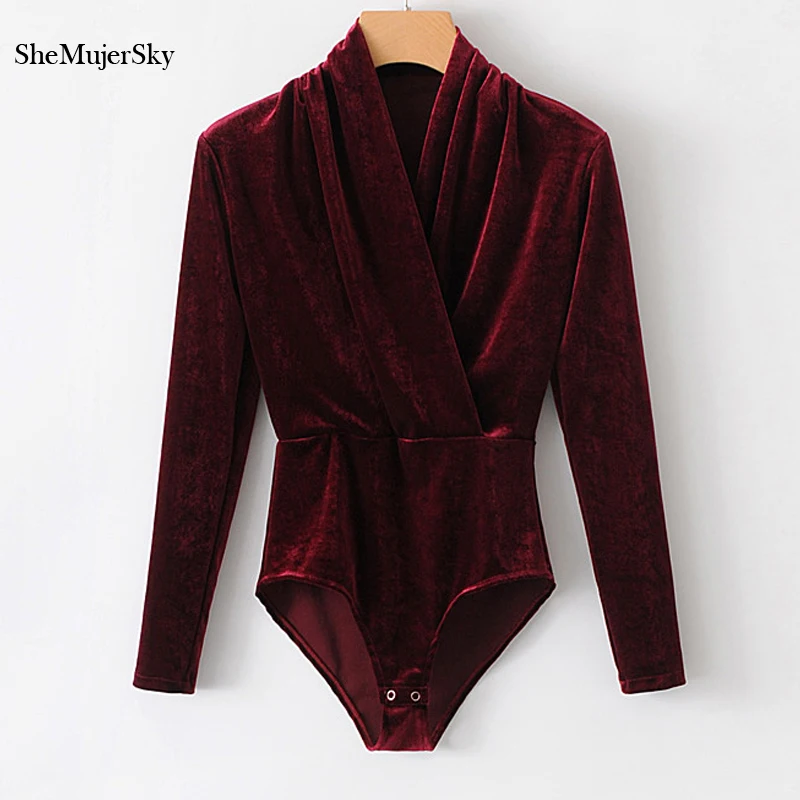 Tanie SheMujerSky jesień welur kobiety body seksowny kombinezon 2017 V na kark i ciało kobieta kombinezon z długim rękawem kombinezon damski